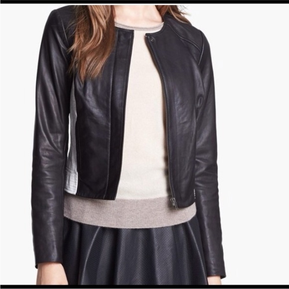 Halogen Black 100% Leather Jacket White Sides Colorblock Small